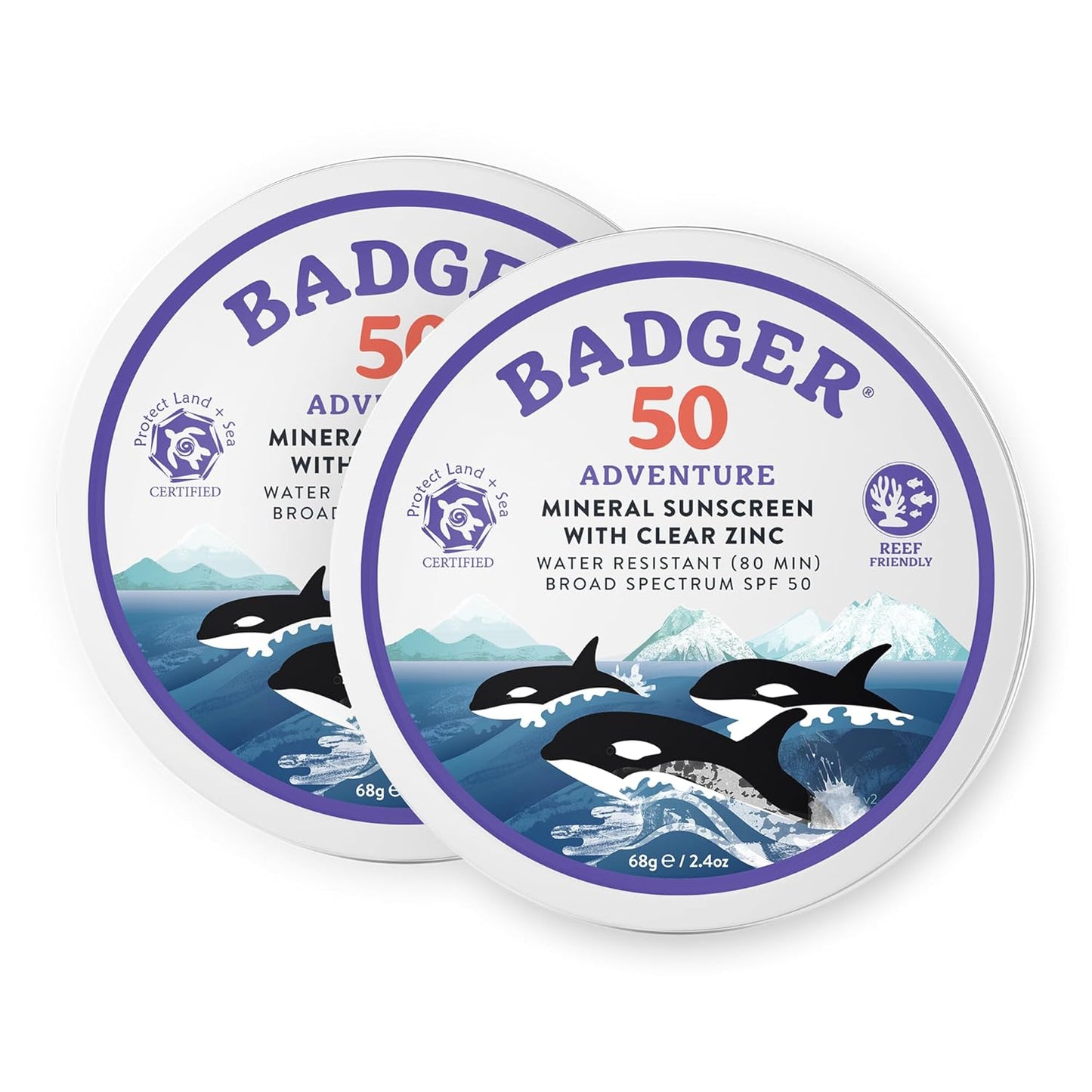 Badger Reef Safe Mineral Sunscreen SPF 50 - 98% Organic Zinc Oxide, Non-Toxic, Water Resistant | 2.4 oz Tin (2 Pack)