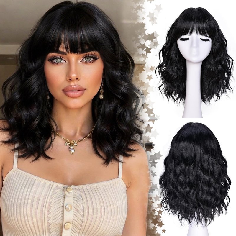 CURLCRAZY Short Wavy Wig with Bangs for Women Black Curly Wigs Natural Wavy Synthetic Wigs for Daily Party Cosplay 14inch