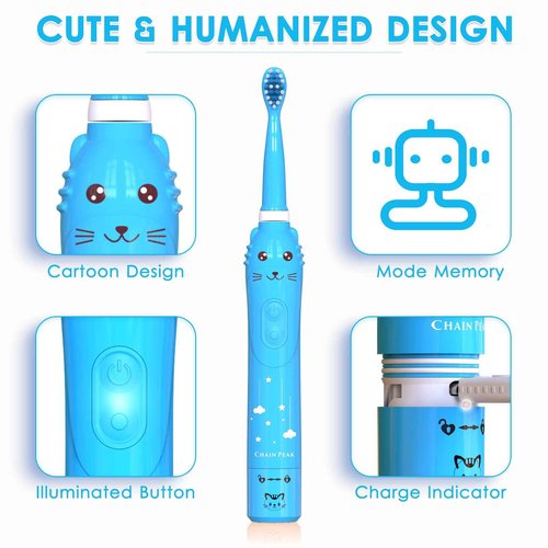 Kids Sonic Electric Toothbrush, Rechargeable Smart Toothbrush for Children Toothbrush for Toddlers Boys Girls Age 3-12 with 30s Reminder, 2 Mins Timer, 6 Modes, 6 Brush Heads, Wall-Mounted Holder
