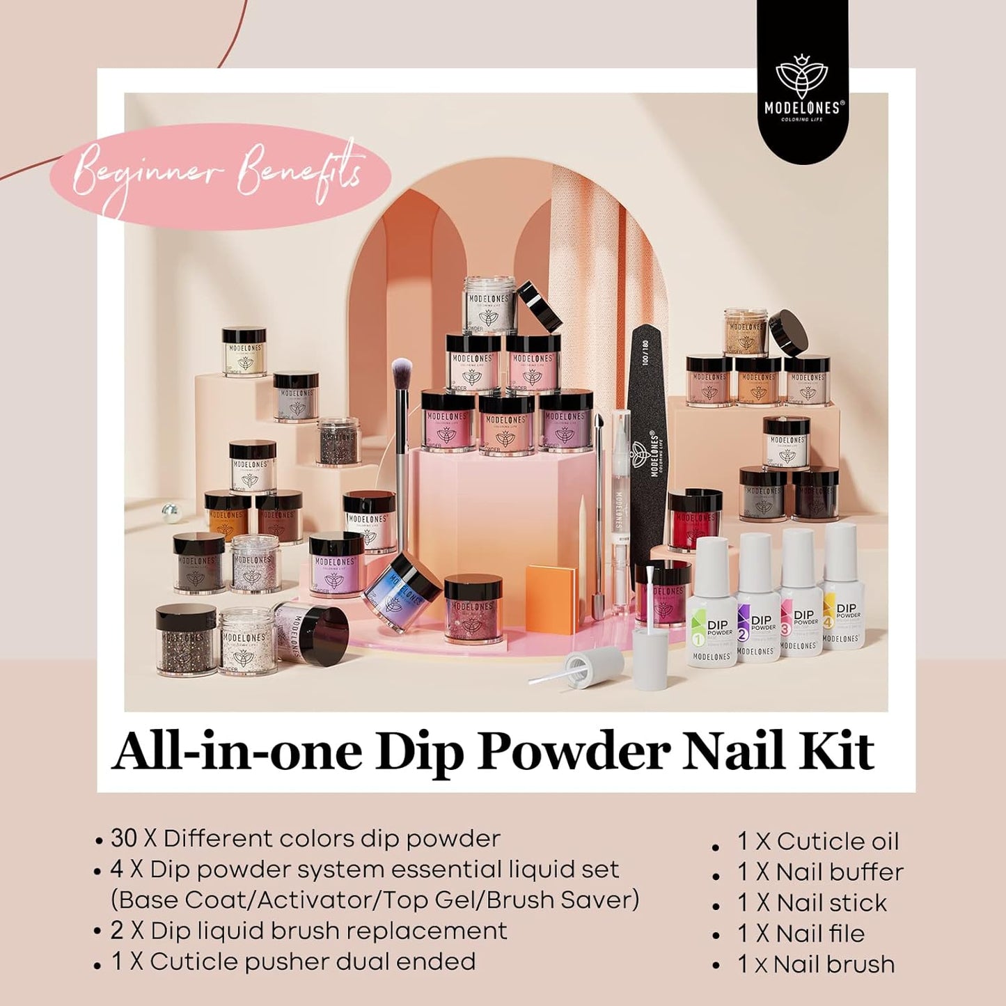Modelones Dip Powder Nail Kit - 42 Pcs with 30 Colors of Nude Pink Dipping Powder | Essential Liquid Set for DIY Nail Art