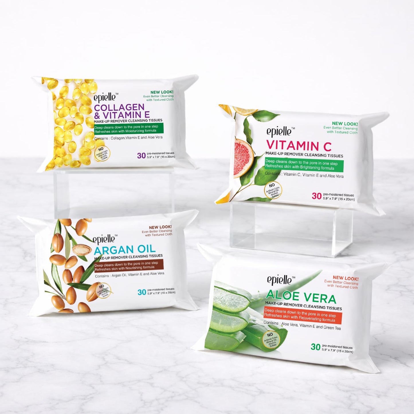 Epielle Gentle Skin Cleansing Wipes, 6 pack of 30 count each of Vitamin C, Cucumber, Aloe Vera, Collagen&Vitamin E, Green Tea, and Argan, Alcohol-Free, Hypoallergenic, Natural Extracts, Oily Skin.