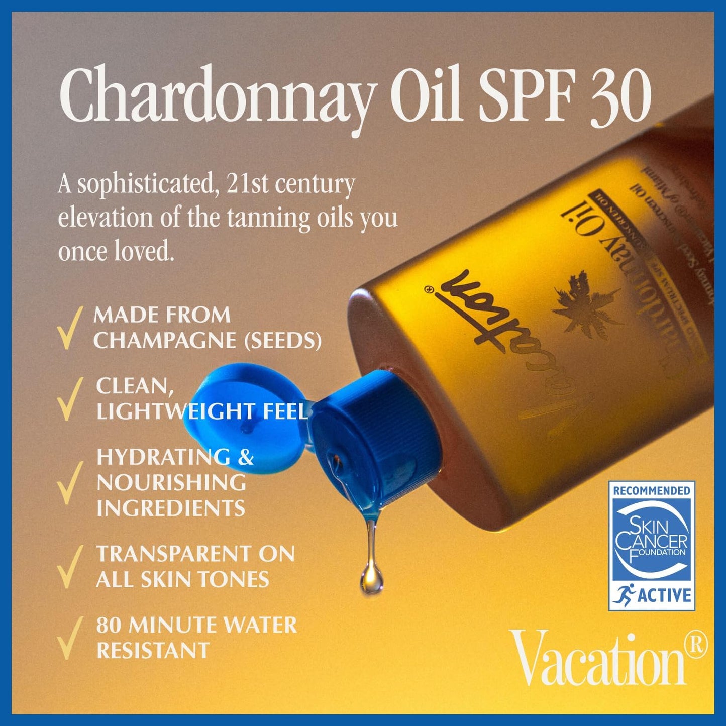 Vacation Chardonnay Oil SPF 30 Sunscreen Oil, 3.4 Fluid Ounces, Pack of 2 - Hydrating, Lightweight, Reef Safe, Invisible, Water-Resistant, Travel Size