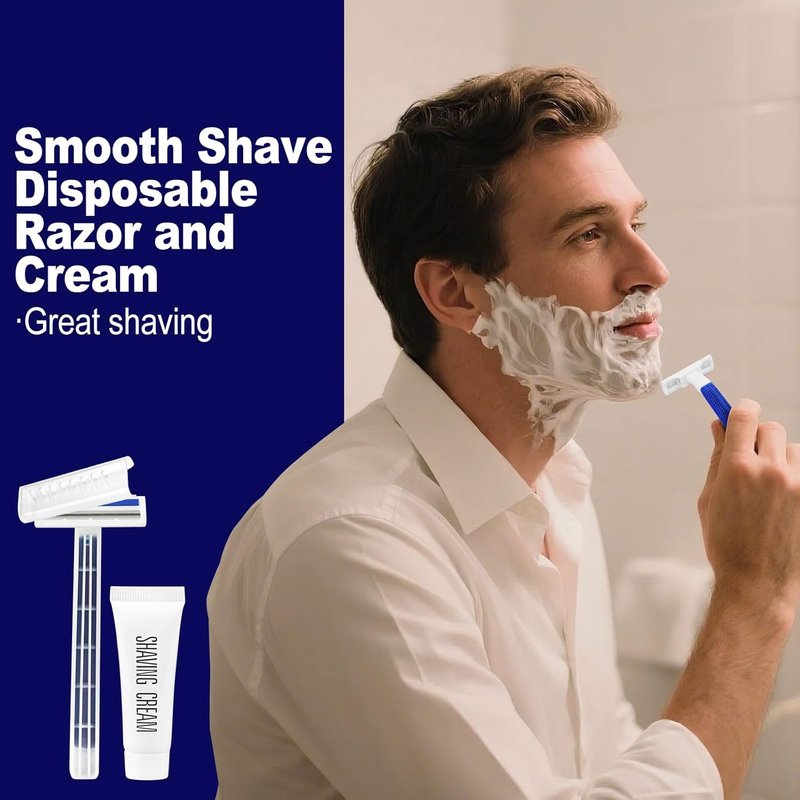 Twin Blade Disposable Razors - Individually Wrapped for Travel & Hotels | 50 Pack with Safety Cap & Shaving Cream