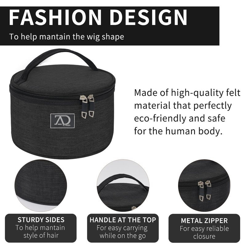 Travel Case for Wigs, Black Quilted Nylon with Interior Mirror, Zipper, & Double Stitching, Lightweight & Portable Wig Pouch by Adolfo Design