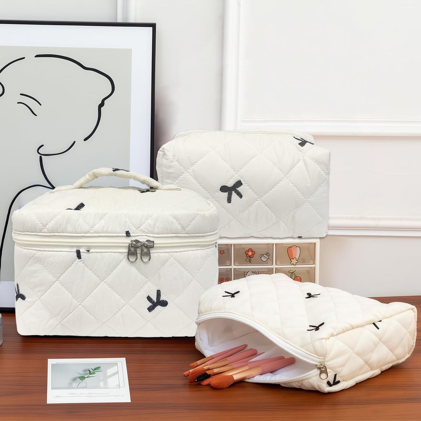 Cozomga Cute Cotton Quilted Makeup Bag Set, Large Travel Cosmetic Bag for Women, Big Make Up Bag with Toiletry Organizer, Aesthetic Storage for Daily Use & Travel