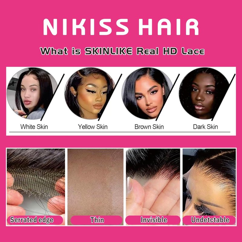 NIKISS SKINLIKE Real HD Lace Closure, 2x6 HD Lace Closure Straight Human Hair Pre-Plucked Bleached Knots 0.095mm Ultra-thin Invisible Swiss Lace 14 Inch