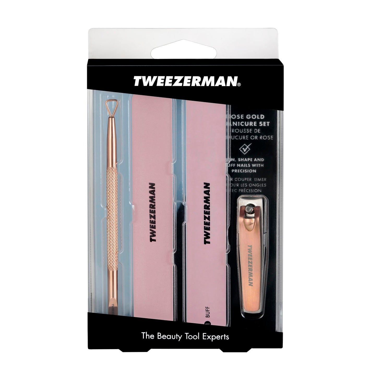 Tweezerman Rose Gold Manicure Kit Includes Nail Clipper, Dual-ended Polish Remover Pushy, and 2 Nail Files