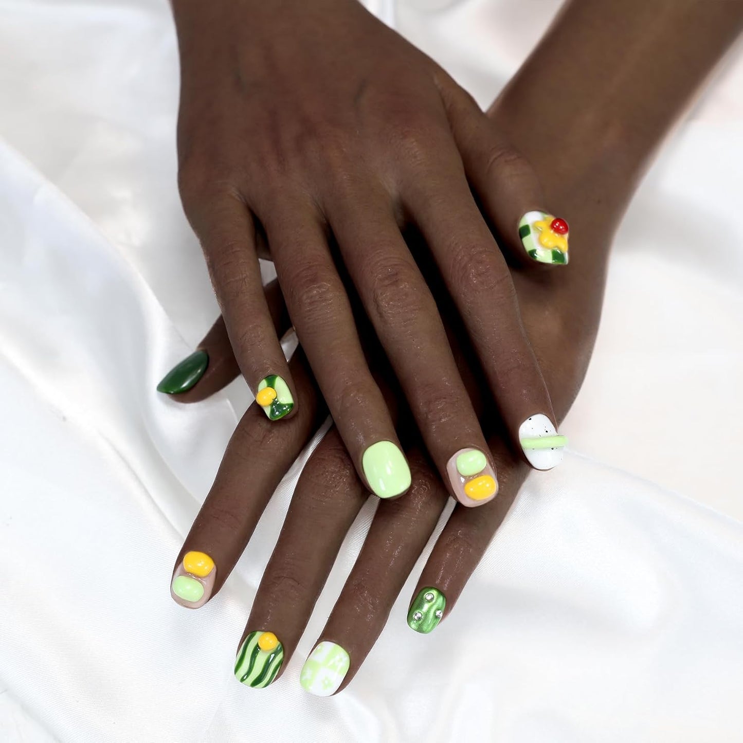 Short Press On Nails - Avocado Color Fruit Nail Art | Handcrafted Reusable Manicure Set for Women