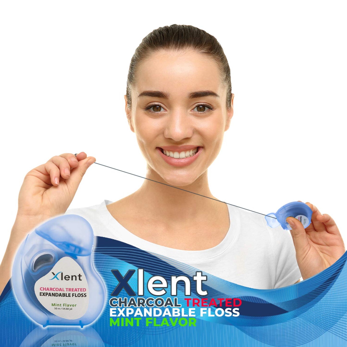 Expandable Floss Treated with Activated Charcoal with Xylitol and Natural Plant Based Wax |Fresh Mint Flavor | 50 Meter (6 Count)
