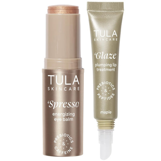 TULA Skin Care Wrapped in Radiance - Rose Glow + Get It Hydrating Peptide Lip Treatment Balm 0.28oz & Cooling & Brightening Eye Balm 0.35 oz, Full-Size, 2 Piece Duo