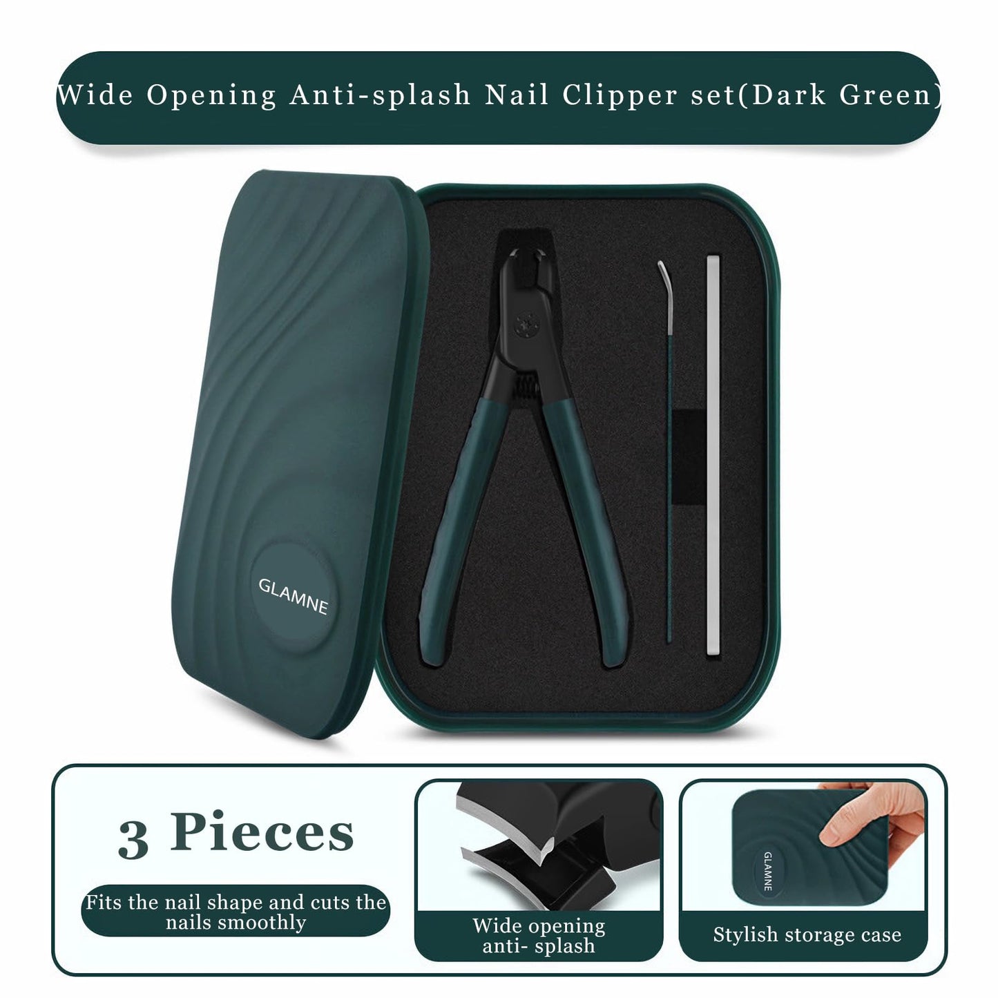 Glamne Nail Clippers for Thick Nails with Catcher, Wide Jaw Fingernail and Toenail Cutter for Seniors with Crystal Nail File Cuticle Fork and Storage Case(Dark Green)