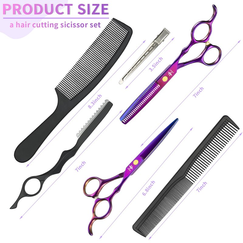 PURPLEBIRD Hair Cutting Scissors Kit, Professional Barber Scissors Hairdressing Shears Set with Stainless Steel Hair Scissor Thinning Scissor for Men Women Pet 10 Pcs Purple