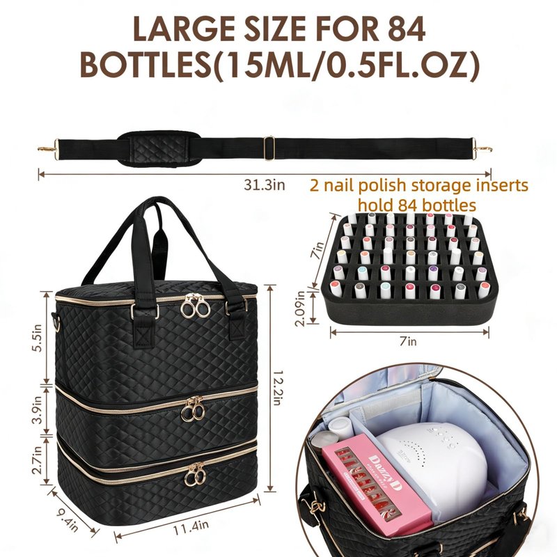 MZTXY Nail Polish Organizer Bag, 3 Layers Nail Kit Organizers and Storage Case Holds 84 Bottles(15ml/0.5fl.oz)& Nail Lamp, Large Shoulder Bag Travel Carrying Case Box for Nail Supplies