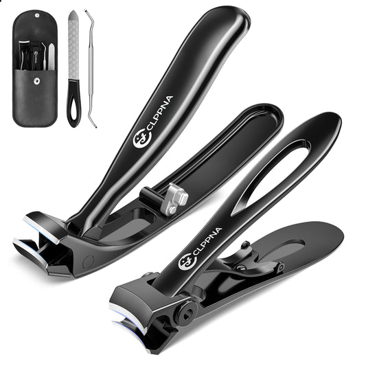 Nail Clippers for Seniors, CLPPNA Wide Jaw Fingernail Clippers and Angled Head Toenail Clippers for Thick Nail, 4 Pack Professional Nail Clippers for Men, Women&Pregnant, Black
