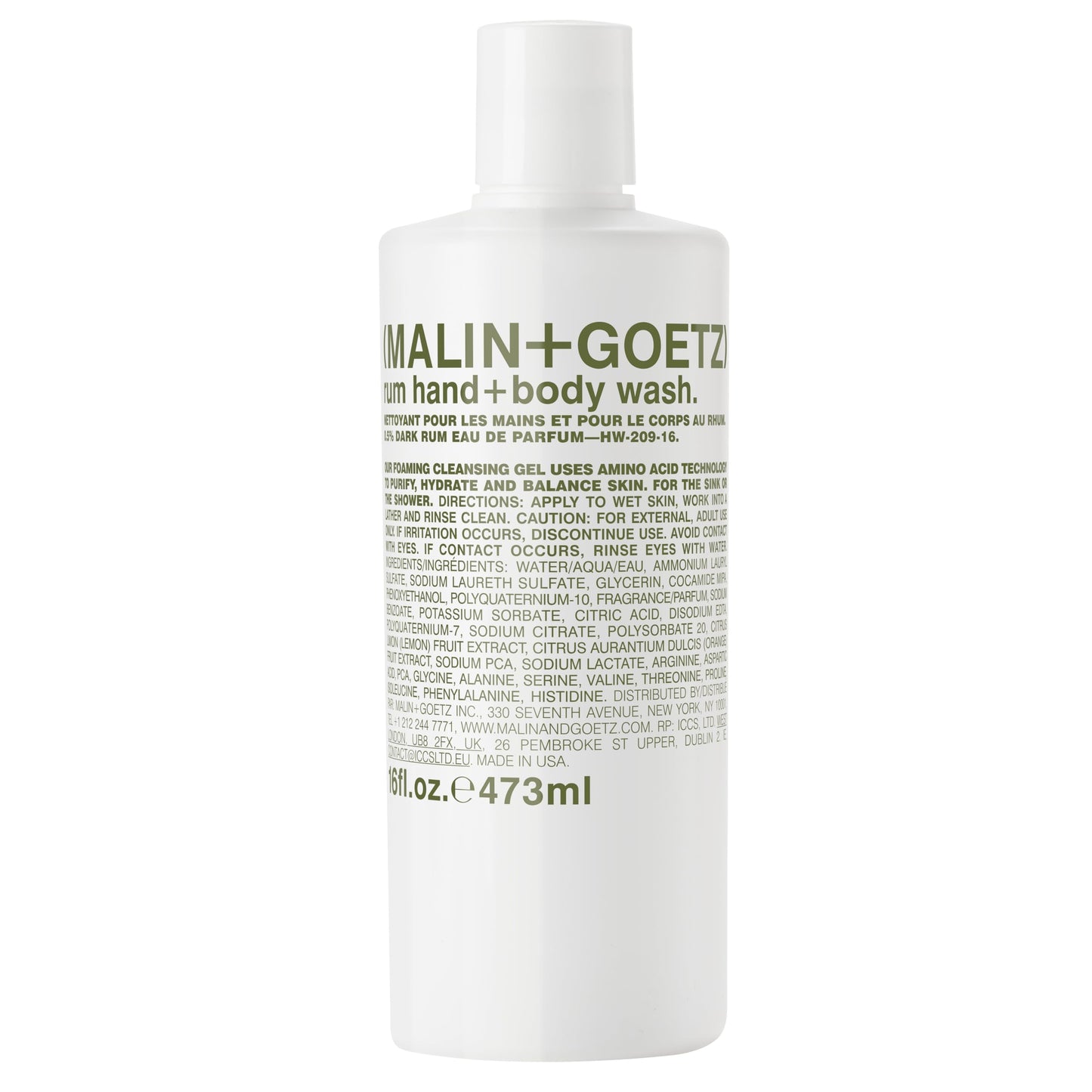 MALIN+GOETZ Hand + Body Wash | Gentle Foaming Cleanser with Botanical Extracts and Amino Acids | Hydrating, pH-Balanced, Unisex Scent | Vegan & Cruelty-Free (Rum, 16 Fl Oz)
