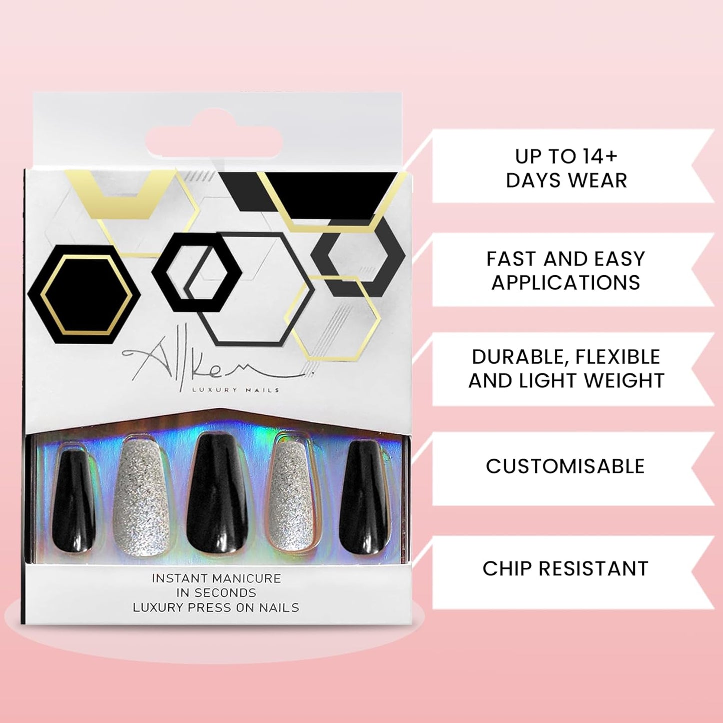 Press On Nails - Midnight Black Medium Long Tapered Ballerina | 20 Pcs Coffin Nail Kit with Glue, 10 Sizes
