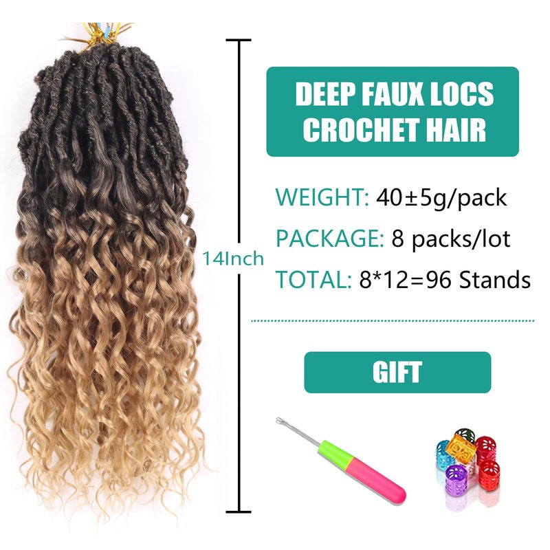 Faux Locs Crochet Hair 14 Inch Pre Looped Goddess Locs Crochet Hair 8 Packs Short Soft Faux Locs Crochet Hair Deep Wave Crochet Hair with Curly Ends Hair Extensions (14 Inch, T27)