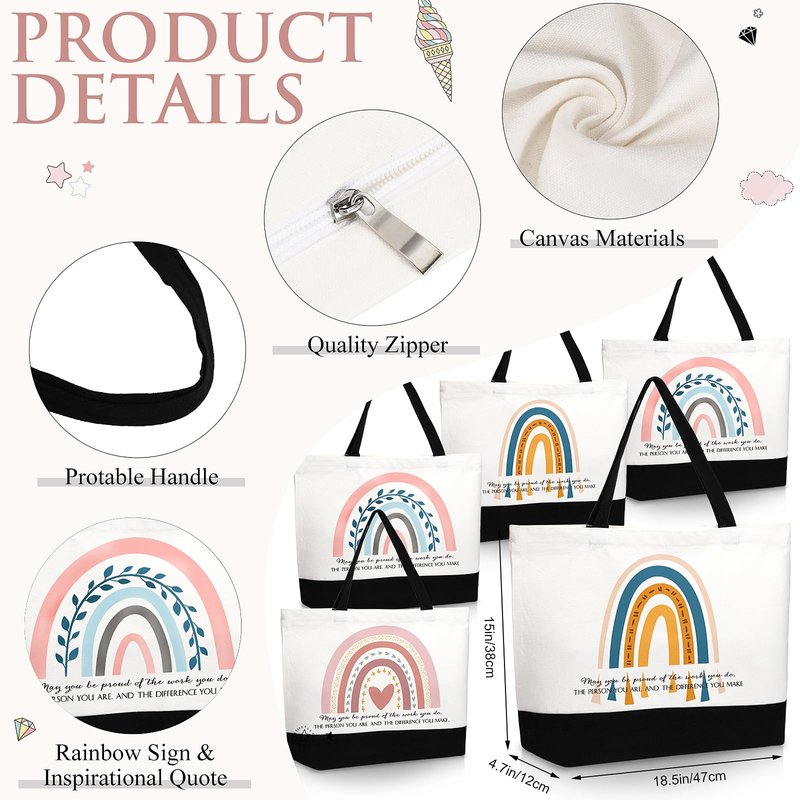 Kajaia 8 Pcs Teacher Appreciation Gift Bulk Canvas Tote Bag Cosmetic Bag Rainbow Teachers Day Thank You Gifts Graduation(Boho)