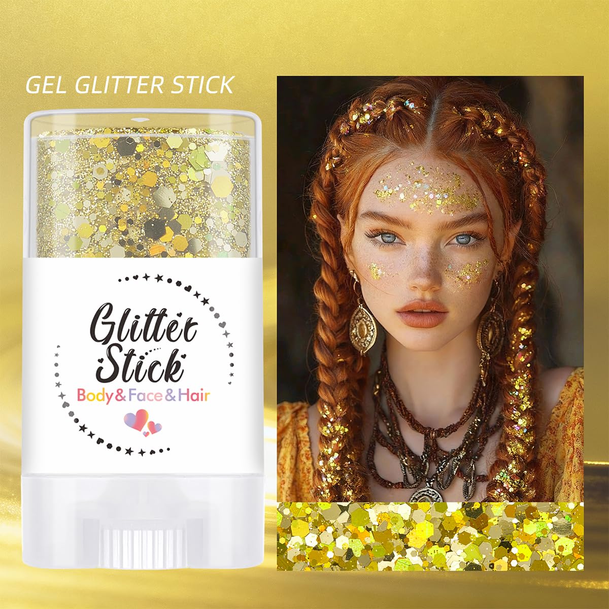 Body Glitter Stick for Face, Body & Hair - Red & Gold Chunky Sparkle Glitter, 2 Pack | Long Lasting Party Makeup for Festival, Rave, Concert & Cosplay