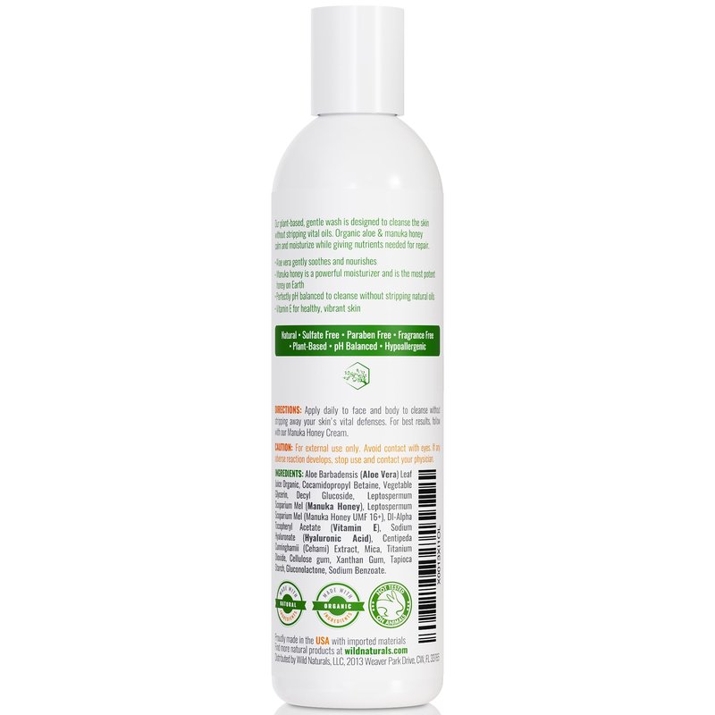 Wild Naturals Manuka Honey Eczema and Psoriasis Body Wash – Organic, Natural Body Wash with Aloe Vera, Cehami, and Manuka Honey – Plant-Based, Sulfate-Free, Cruelty-Free Skincare