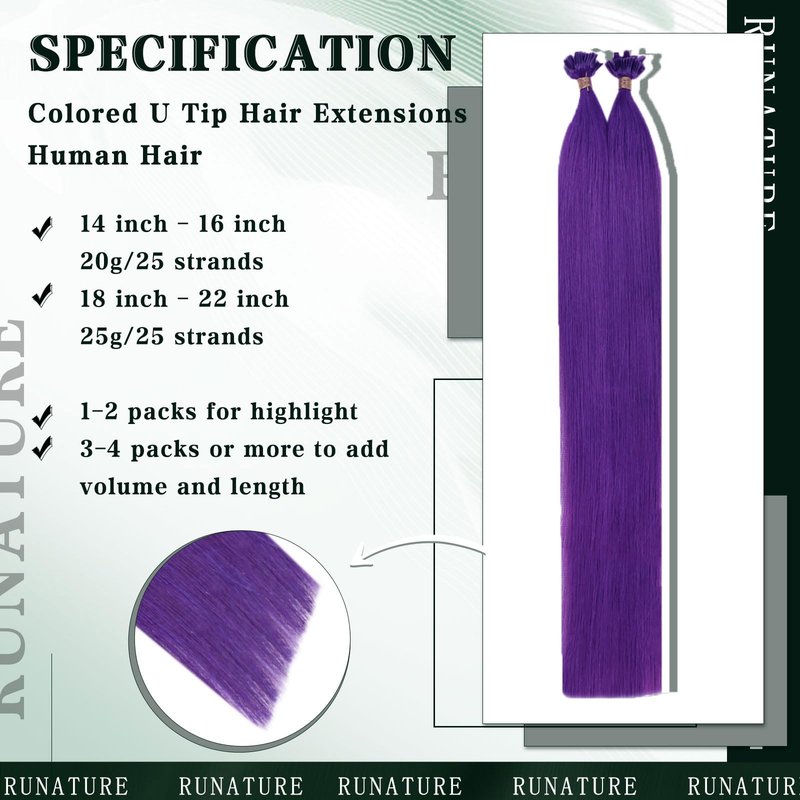RUNATURE U Tip Hair Extensions Human Hair Purple Hair Extensions Real Human Hair Pre Bonded Keratin Hair Extension Purple Hot Fusion Hair Extension Remy Natural Hair for Party 16 Inch 20g 25s