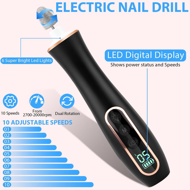 Professional Manicure Pedicure Kit, Cordless Electric Nail File Set, 360° LED Light Nail Drill Machine with LCD Display, 10 Speeds Rechargeable Nail Drill Grinder for Gel Nail Thick Toe Nails