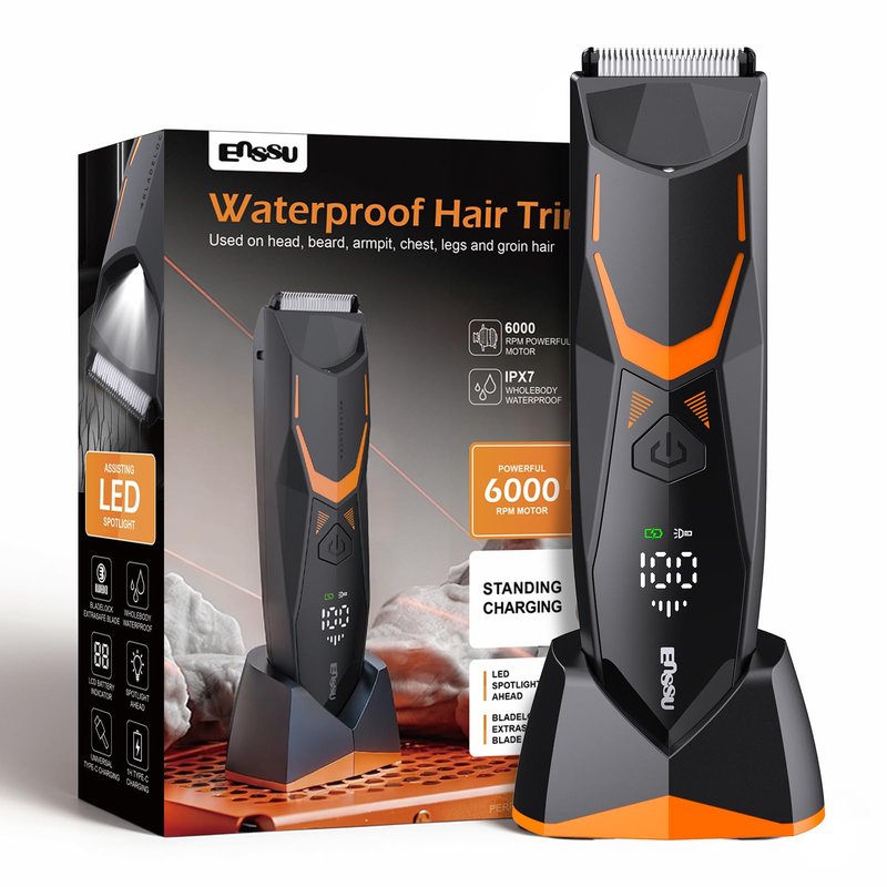 ENSSU Manscape Body Hair Trimmer for Men with LED Light for Balls/Pubic/Groin/Legs/Chest, IPX7 Waterproof Body Groomer with Ceramic Blade, Fast Charging Shaver for Wet or Dry Use