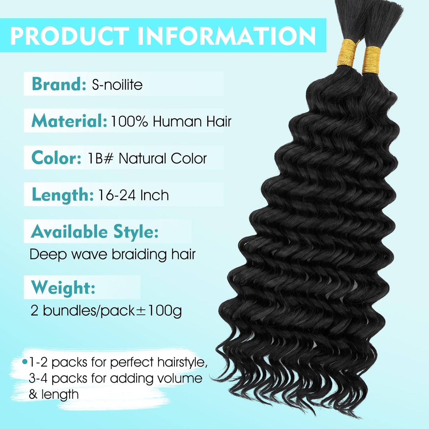 S-noilite Human Braiding Hair for Boho Braids 100% Unprocessed Brazilian Virgin Bulk Hair 2 Bundles/Pack 100 16 Inch Deep Wave Bundles Human Hair for Bohemian Knotless Braids No Weft #1B