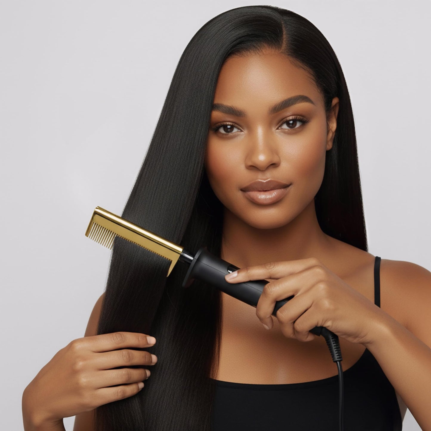 KISS Professional Pressing Comb with Polished Gold Smoothing Comb, Safety Stand, Digital LED Temperature Display, & Tangle Free 360° Swivel Cord