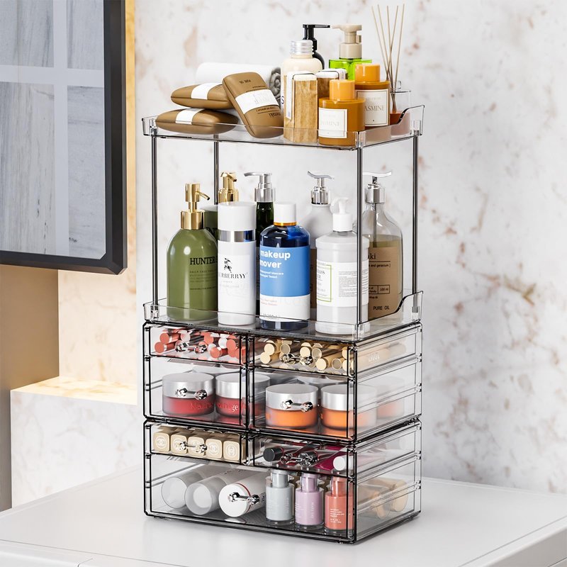 3 Pack Bathroom Organizers and Storage Countertop With 7 Drawers,Stackable Vanity Drawer Organizer for Makeup,18.9" Tall Large Capacity Skincare Organizer and Exquisite Makeup Organizer,Black