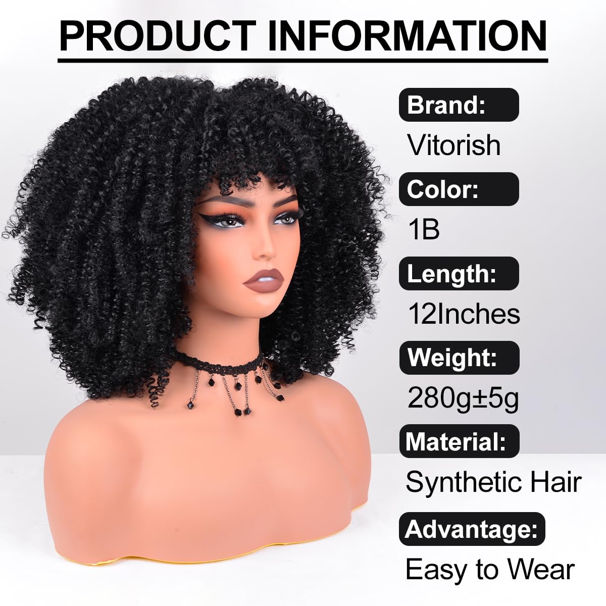 Afro Curly Wig with Bangs Short Kinky Curly Synthetic Wig for Black Women