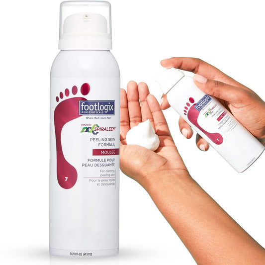 FOOTLOGIX Peeling Skin Formula with Spiraleen® 4.23 oz | Foot Care Mousse with Tea Tree Oil, Aloe Vera & Vitamin E | Lightweight Moisturizer for Dry Skin Between Toes | Pediceutical Formula