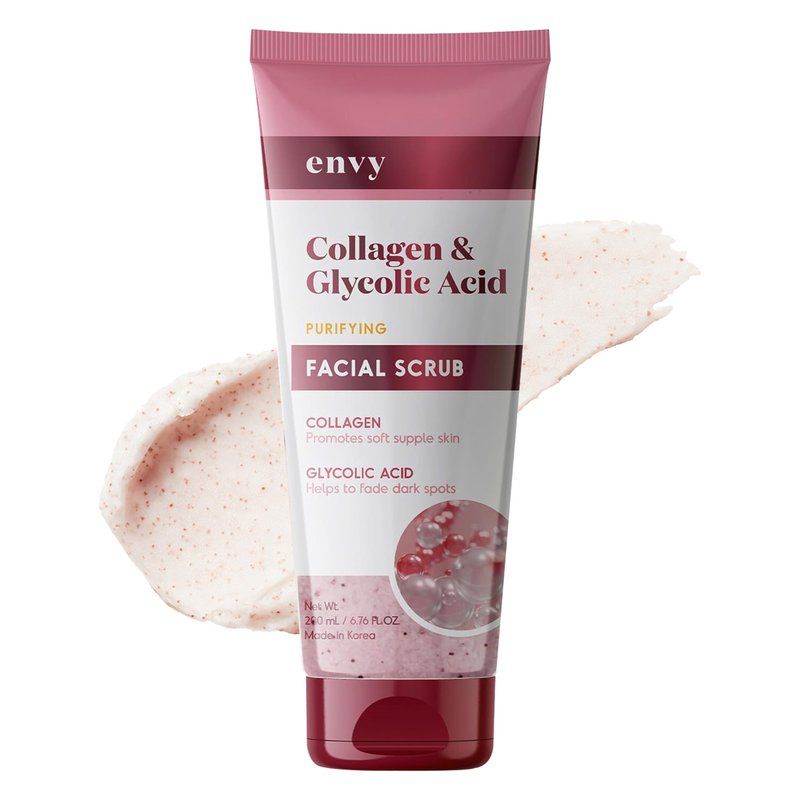 Envy Collagen & Glycolic Acid Face Scrub - Anti-Aging, Softening & Dark Spot Improving, Gentle Exfoliating Scrub - Dermatologist Tested, Clean Beauty for All Skin Types - 6.76 Oz