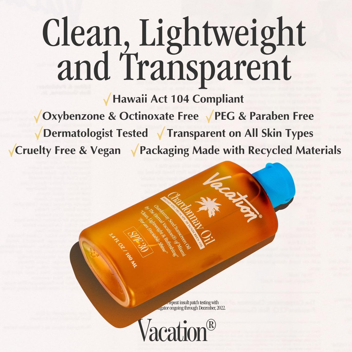 Vacation Chardonnay Oil SPF 30 Sunscreen Oil, 3.4 Fluid Ounces, Pack of 2 - Hydrating, Lightweight, Reef Safe, Invisible, Water-Resistant, Travel Size