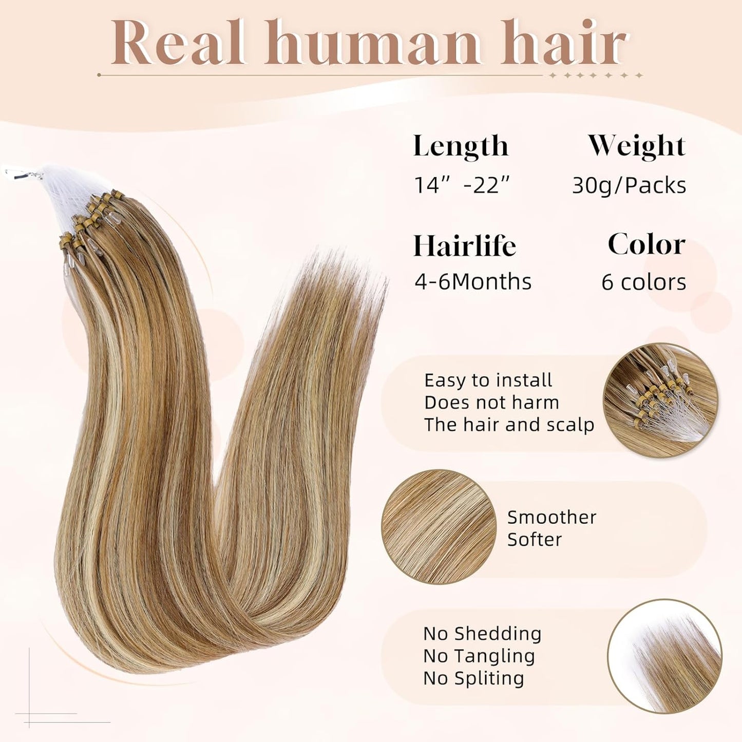 Microlink Hair Extensions - Human Hair 18 Inch D7/60 Blonde Brown | Soft, Glossy, Durable Microbead Loops