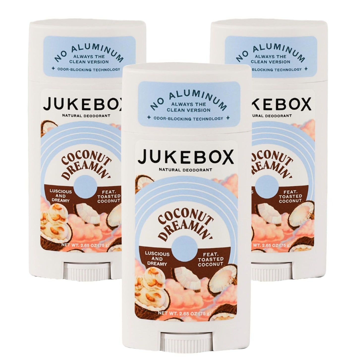 Jukebox Natural Deodorant for Women–Coconut Dreamin'–Aluminum-Free, No Baking Soda, No Harsh Chemicals, Odor Blocking Technology, Toasted Coconut,Sweet Spice,Citrus-a Dr. Squatch Brand-2.65oz, 3 Pack