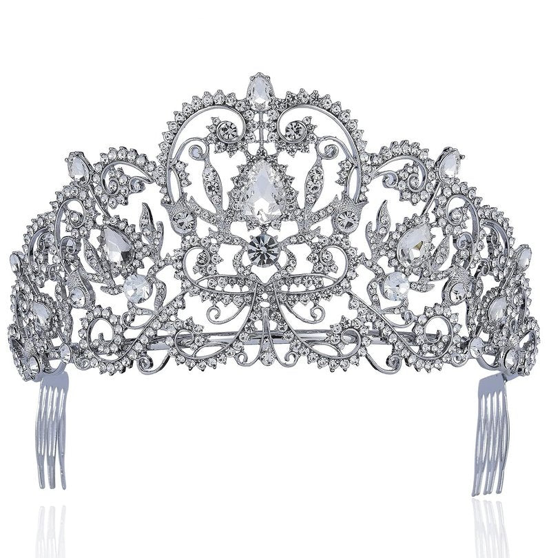 Victorian Clear White Austrian Rhinestone Crystal Tiara Crown With Hair Combs Princess Queen Headband Headpiece Jewelry Beauty Contest Birthday Bridal Prom Pageant T1505 (Clear)
