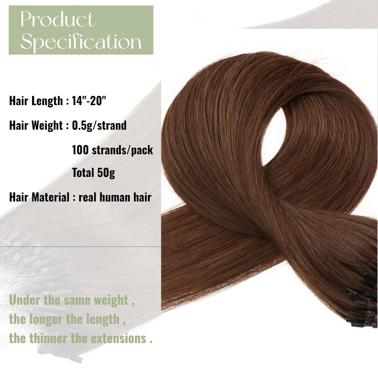 Micro Links Hair Extensions Human Hair 16 Inch Medium Brown Real Human Hair Extensions #4 Micro Links Hair 0.5g/s, 50g, Invisible Micro Bead Extensions