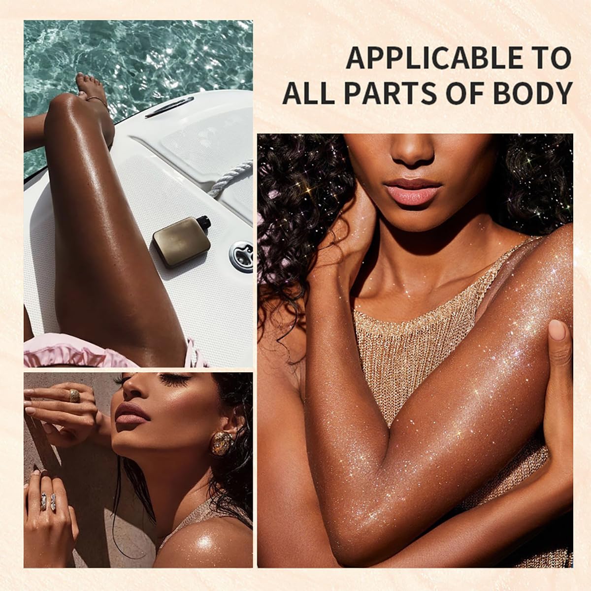Body Glitter Spray Highlight, 4 Shimmering Color, Quick-Drying Formula Moisturizing Liquid Highlighter for Black/White Skin Women Men for Party, All Body Parts (# 03 Bronze)