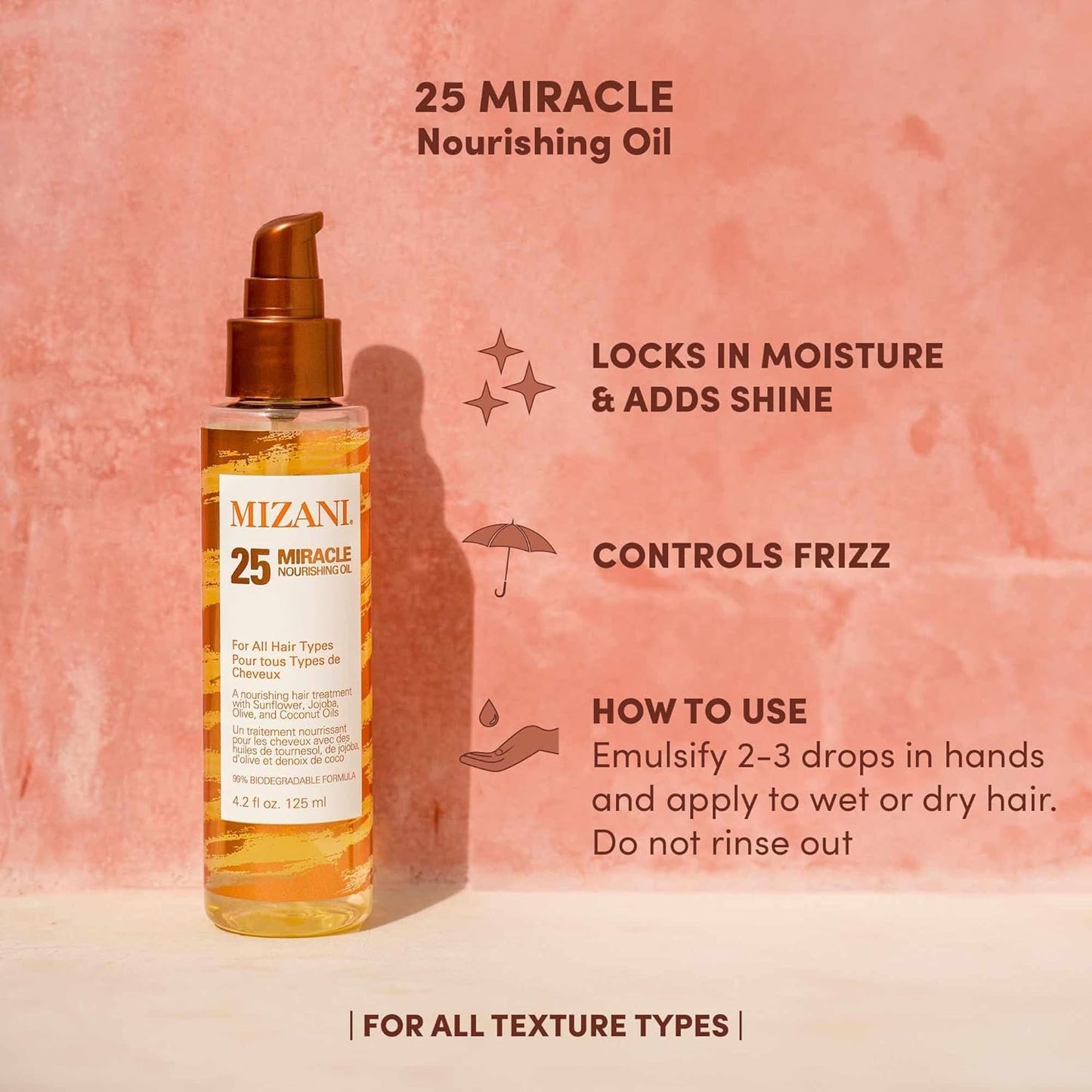 Mizani 25 Miracle Nourishing Hair Oil - Softens and Adds Weightless Shine, Hydrating & Nourishing With Coconut Oil, For Curly Hair