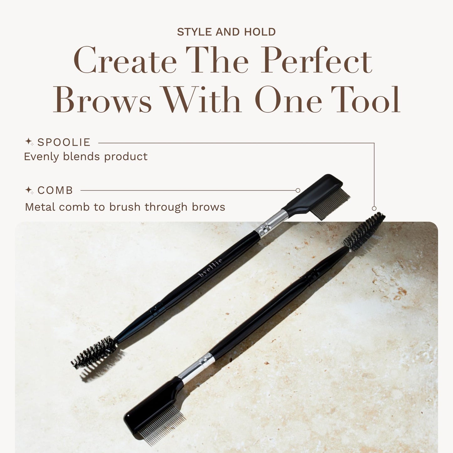 Byellie Brow Brush, Dual-Ended with Brow Comb & Precision Spoolie, Brow Gel & Wax Application, Define's & Shape's, Easy to Use Fluffy Brow Look, Natural Makeup, Vegan & Cruelty Free
