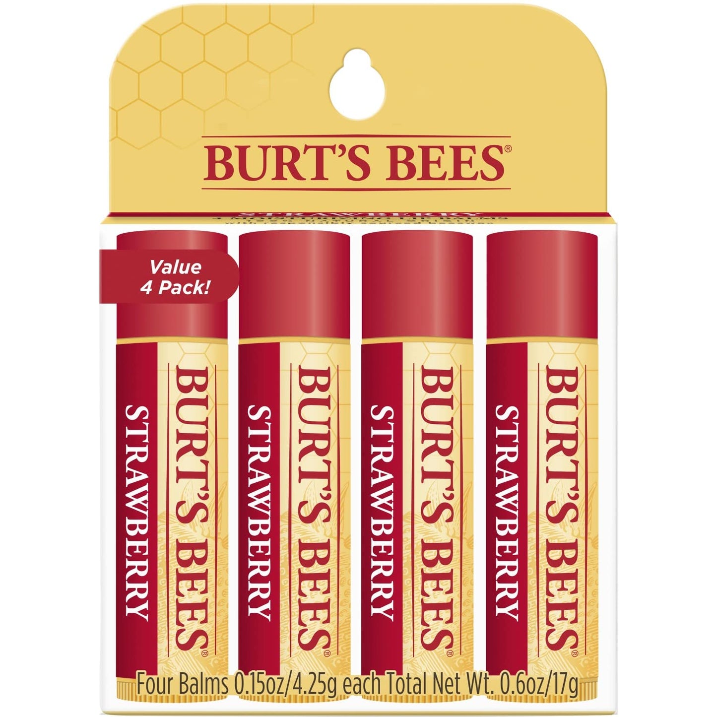 Burt's Bees Natural Strawberry Lip Balm - Moisturizing Beeswax Formula | 4 Tubes