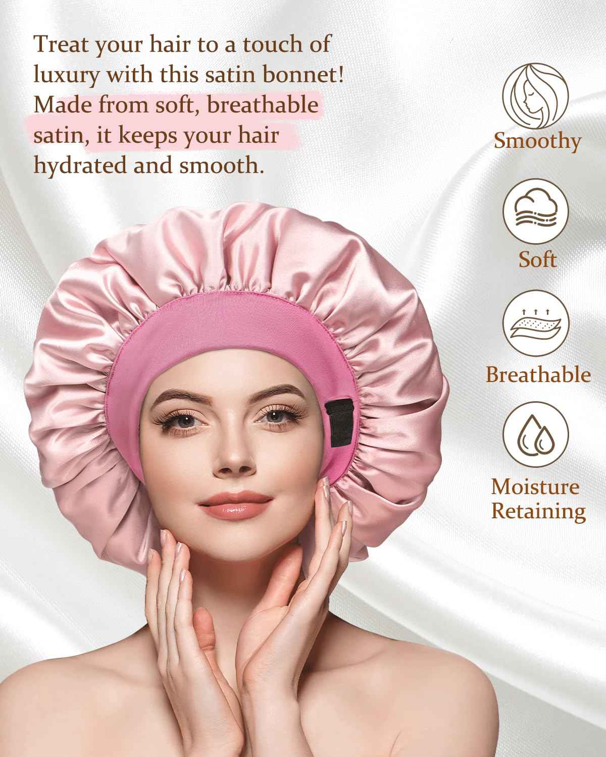 mikimini Satin Bonnet for Sleeping Women, Ajustable Reversable Silky Bonnet for Sleeping, Large Hair Bonnet for Curly Hair Braids, Pink Elegant, 2 Pieces