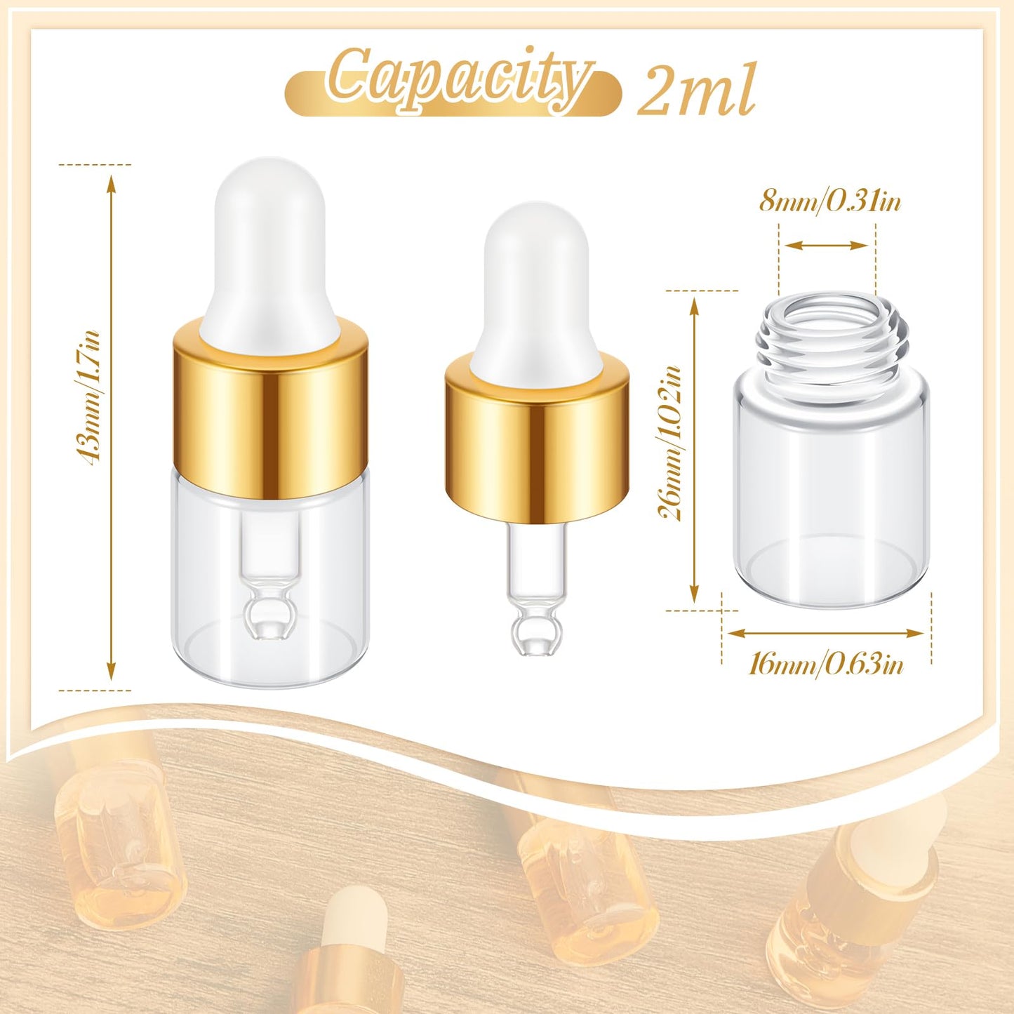 Didaey 100 Pcs 2 ml Mini Glass Oil Dropper Bottle Bulk, Clear Essential Small Empty Bottles Sample Containers Perfume Liquid Vials with Cap for Traveling(2 ml, Gold)