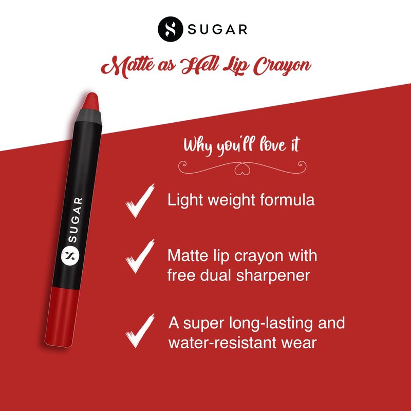 SUGAR Cosmetics Matte as Hell Crayon Lipsticks for Women Lasts Up To 8+ Hours Lip Crayon with Sharpener 2.8gm - 1 count (Pack of 1) 11 Elle Woods