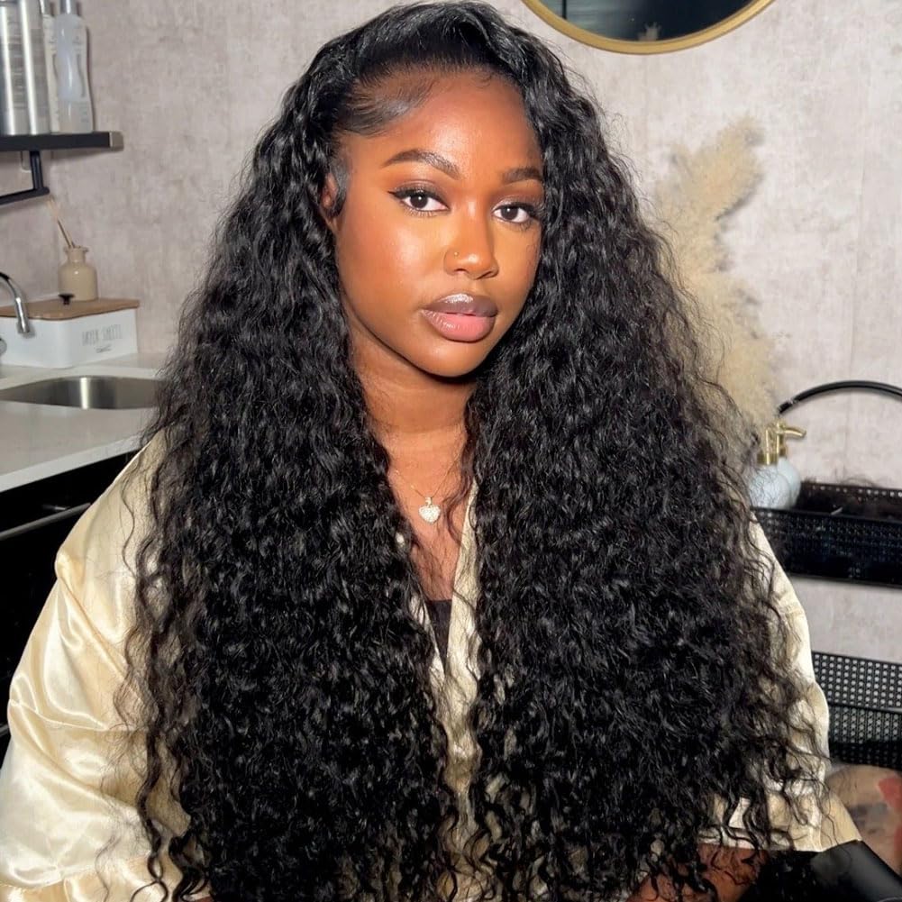 MARYLING Deep Water Wave Half Wig 3 In 1 Wear and Go Headband Wig Drawstring Seamless Flip Over Deep Curly Half Wigs Beginner Friendly Synthetic Half Wig for Black Women Natural Black 26 Inch
