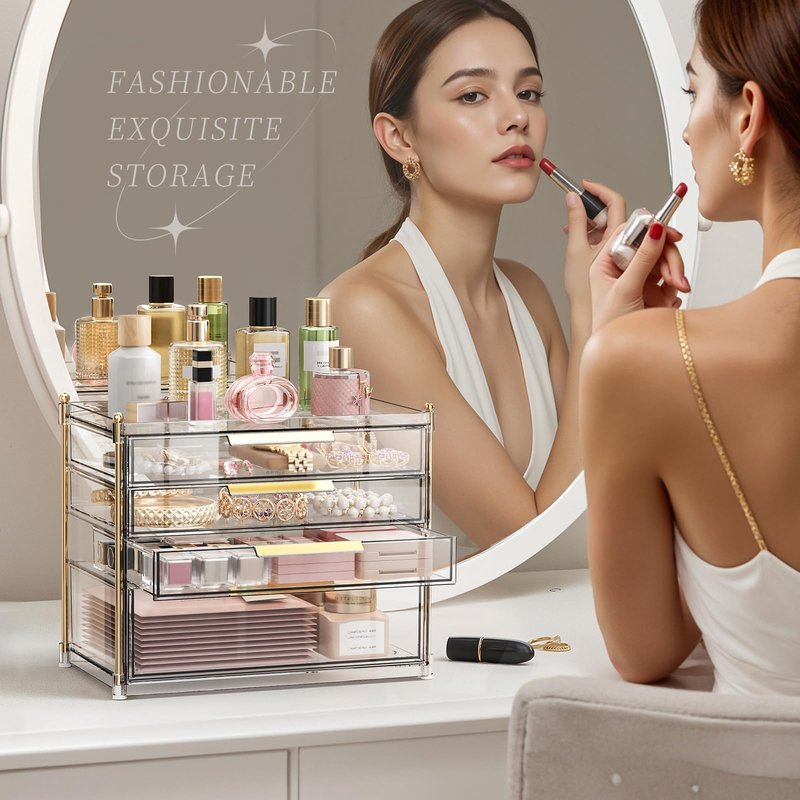 Aveniee 4 Drawers Makeup Organizer- Bathroom Counter Organizers and Storage, Plastic Bins Versatile Perfume Vanity Desk Organization for Cosmetic, Skincare, Face Mask, Jewelry, Clear