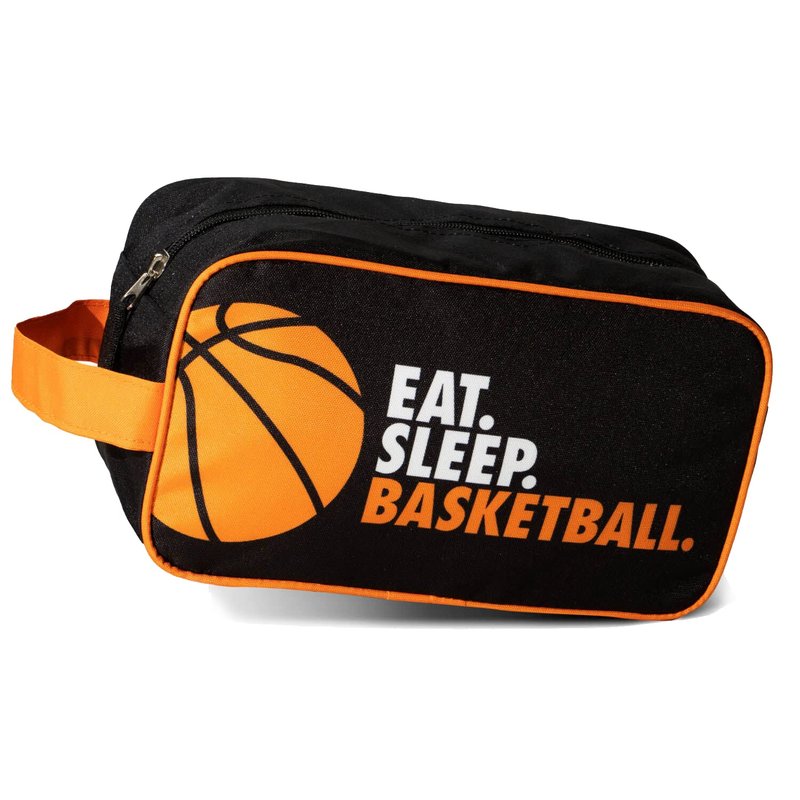 ChalkTalkSPORTS Basketball Toiletry Bag - Eat Sleep Basketball Accessory Bag and Travel Kit - Black & Orange