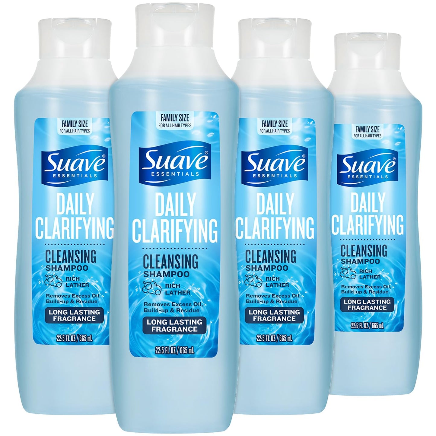 Suave Clarifying Shampoo - pH-Balanced Daily Cleanser for Oily Hair | Family-Size 4-Pack, 22.5 Oz Each