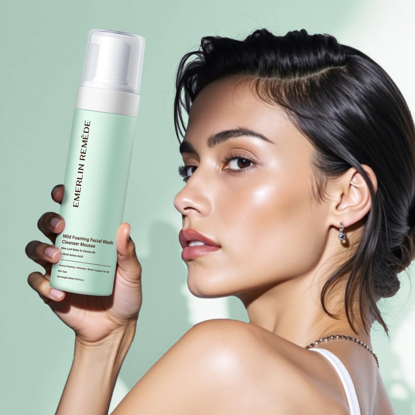 Emerlin Remède Mild Foaming Facial Wash Cleanser Mousse with Aloe Leaf Water, Amino Acids & Vitamin B5, Gentle Hydrating Face Wash for All Skin Types, 200ml